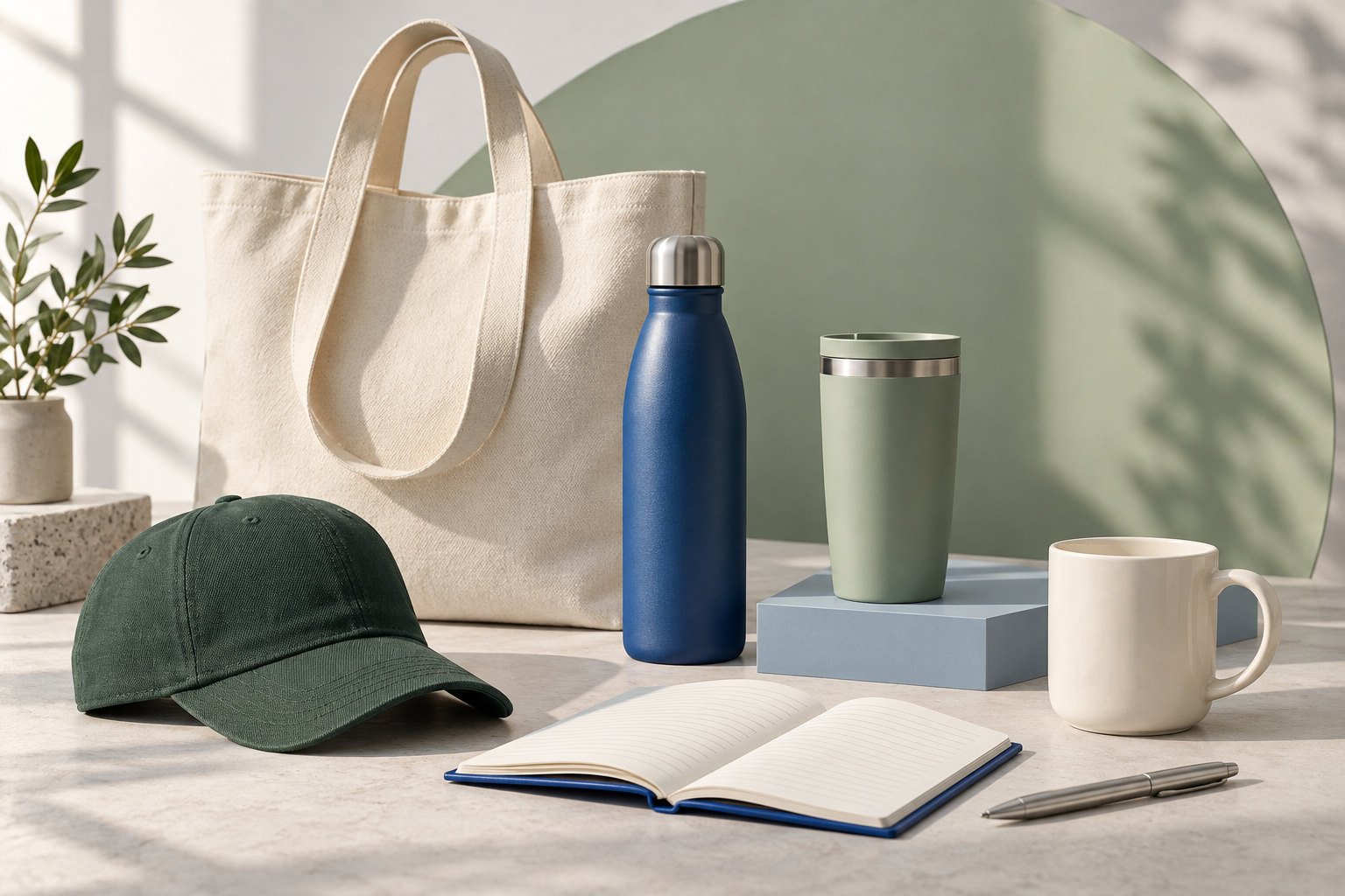 Concept collection of a tote, drinkware, cap and notebook in blue, cream and green